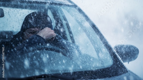 Car caught in a hailstorm. Featuring a driver shielding their face