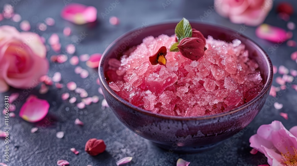 A lychee and rose-flavored shaved ice with delicate pink hues, garnished with fresh lychee pieces and edible rose petals A lychee and rose-flavored shaved ice with delicate pink hues, garnished with fresh lychee pieces and edible rose petals