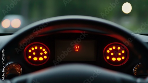 Car dashboard showing warning lights. Featuring a driver looking alarmed