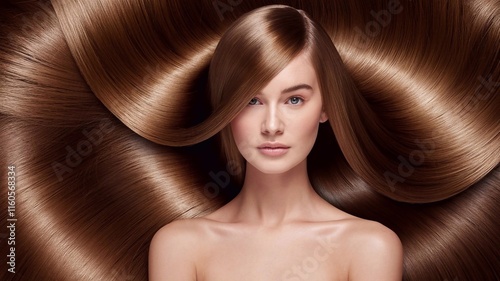Portrait of model girl with long straight shiny brown smooth healthy hair, natural beauty smooth skin for hair care and products, on white background