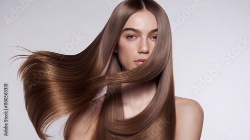 Portrait of model girl with long straight shiny brown smooth healthy hair, natural beauty smooth skin for hair care and products, on white background