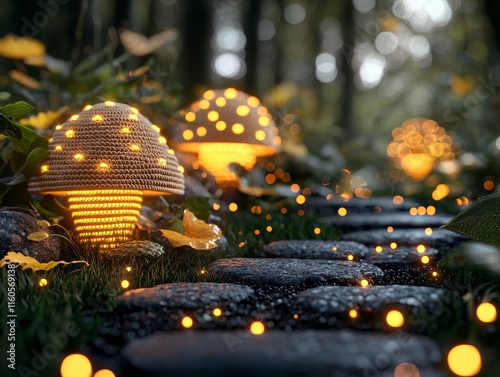 Enchanting Illuminated Mushroom Pathway in Magical Forest photo