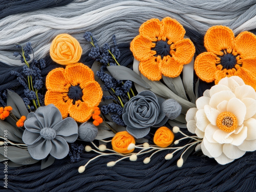 Crochet Flowers Yarn Textures Grey Orange Blooms Handmade Crafts Crochet Flowers Yarn Textures Grey Orange Blooms Handmade Crafts