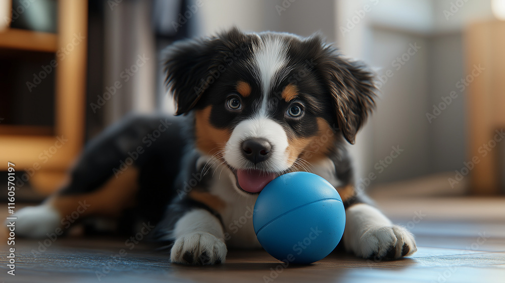 Playful Puppy with Blue Ball in Its Mouth Playful Puppy with Blue Ball in Its Mouth