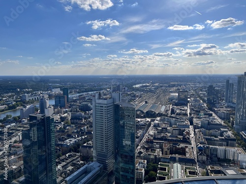 View of city from the height of Maintower skyscraper, Frankfurt am Main, Germany