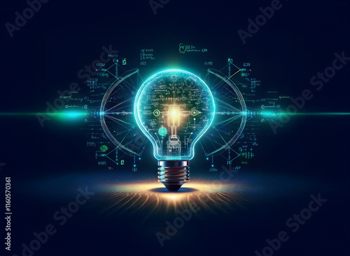 A glowing lightbulb, filled with intricate circuitry and data streams, symbolizes innovation, technology, and bright ideas.  Its radiant glow illuminates the path to future advancements. photo