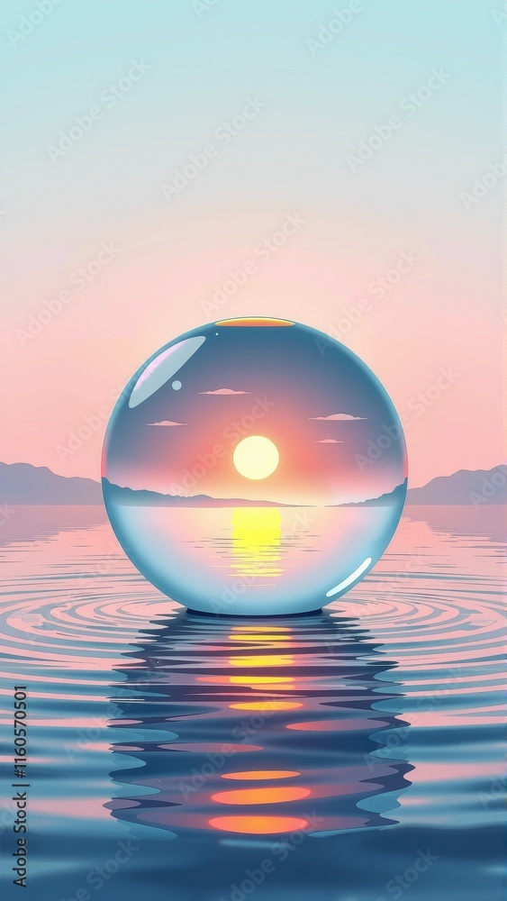 Surreal sunset inside crystal sphere reflecting on rippling water at dawn Surreal sunset inside crystal sphere reflecting on rippling water at dawn