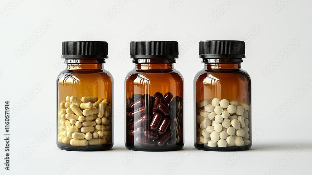 Three amber glass bottles with various dietary supplements and pills displayed against white background Three amber glass bottles with various dietary supplements and pills displayed against white background