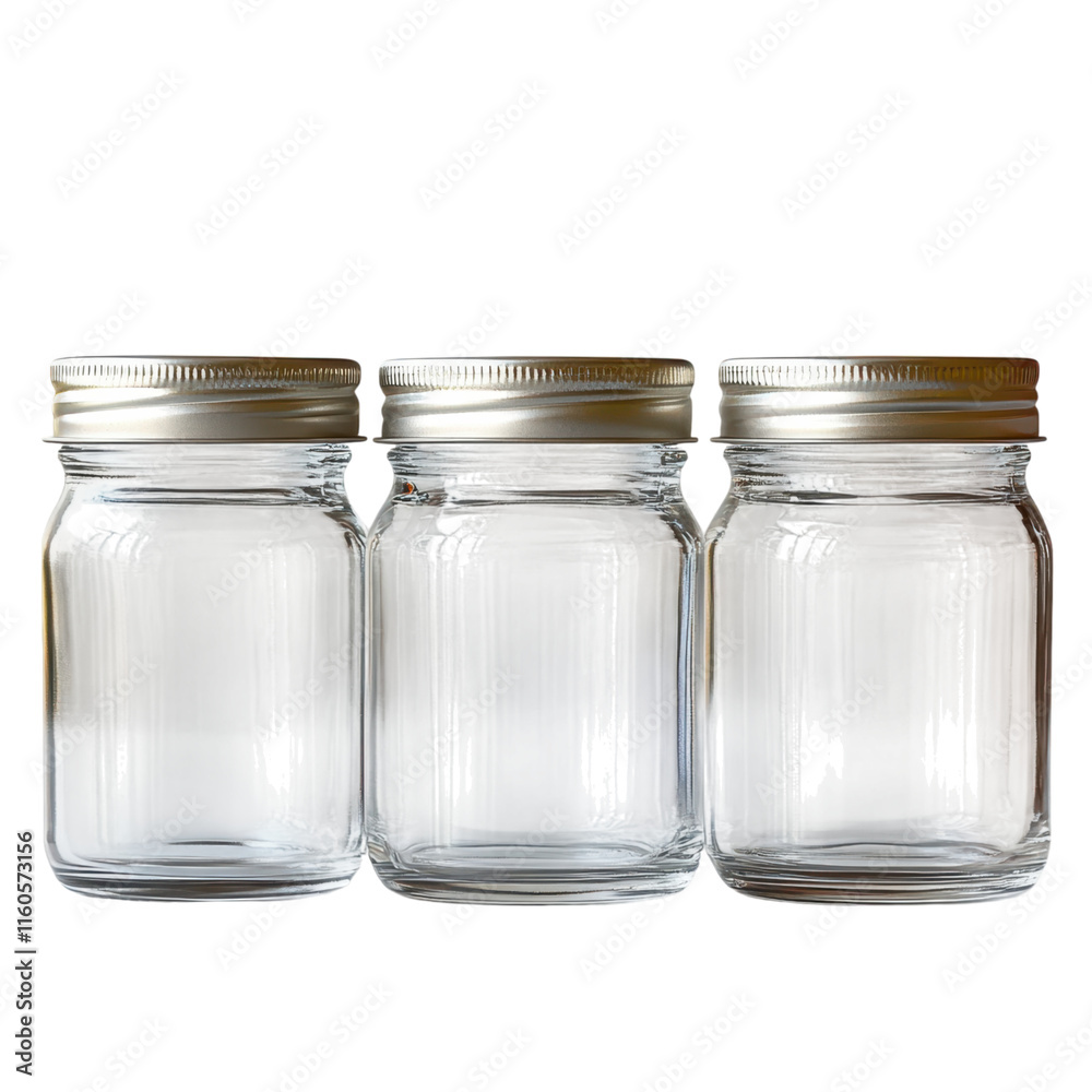 Elegant trio of small glass jars, minimalist design, pristine white backdrop, perfect for storage or display, versatile home decor elements Elegant trio of small glass jars, minimalist design, pristine white backdrop, perfect for storage or display, versatile home decor elements