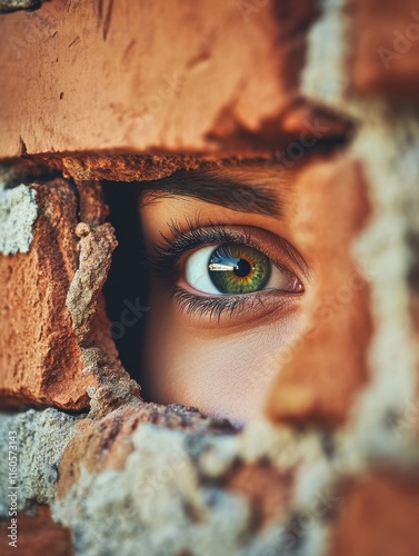 Eyes peeking through the hole in the brick wall photo