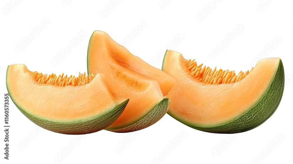 Cantaloupe Slices: Three juicy cantaloupe slices, ripe and ready to eat, make a delightful display of summer's sweetness. Cantaloupe Slices: Three juicy cantaloupe slices, ripe and ready to eat, make a delightful display of summer's sweetness.