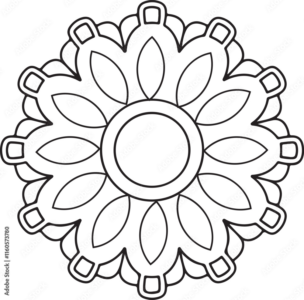 Circle flowers of a mandala with a floral ornament pattern. This is a vector black-and-white mandala design for coloring. It is a beautiful, symmetrical mandala design in black and white. Circle flowers of a mandala with a floral ornament pattern. This is a vector black-and-white mandala design for coloring. It is a beautiful, symmetrical mandala design in black and white.