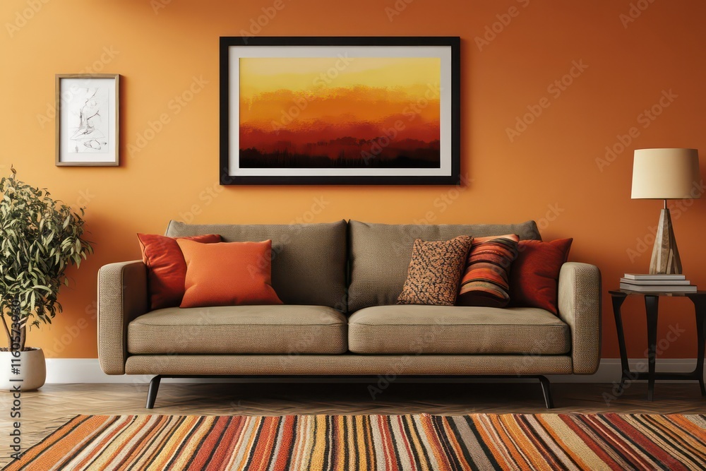 Create an empty small sized horizontal frame mockup in black wood, placed in a warm color living room, the living room has a couch, the room also has a modern mid century interior theme. Create an empty small sized horizontal frame mockup in black wood, placed in a warm color living room, the living room has a couch, the room also has a modern mid century interior theme.
