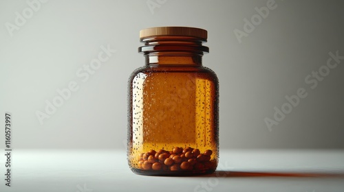 Amber glass medicine bottle on a plain white background. Generative AI photo