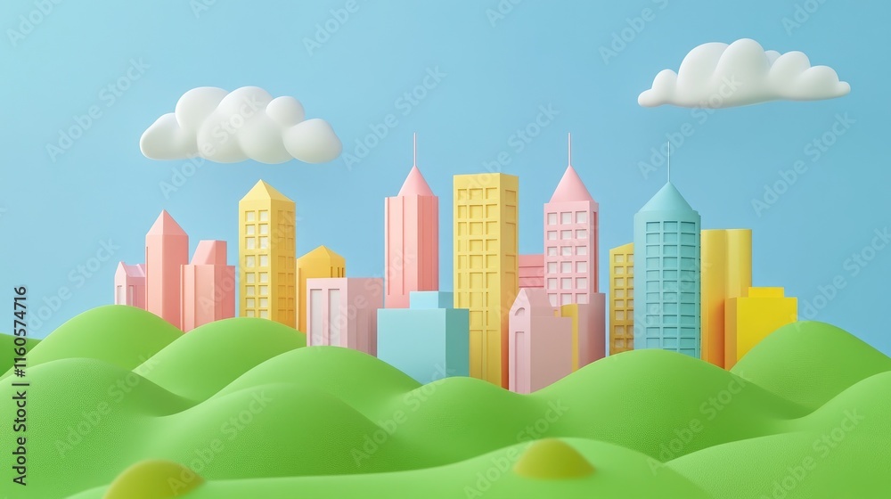 A cute, minimalist 3D cartoon cityscape nestled on green hills with clear skies and simple geometric buildings. A cute, minimalist 3D cartoon cityscape nestled on green hills with clear skies and simple geometric buildings.