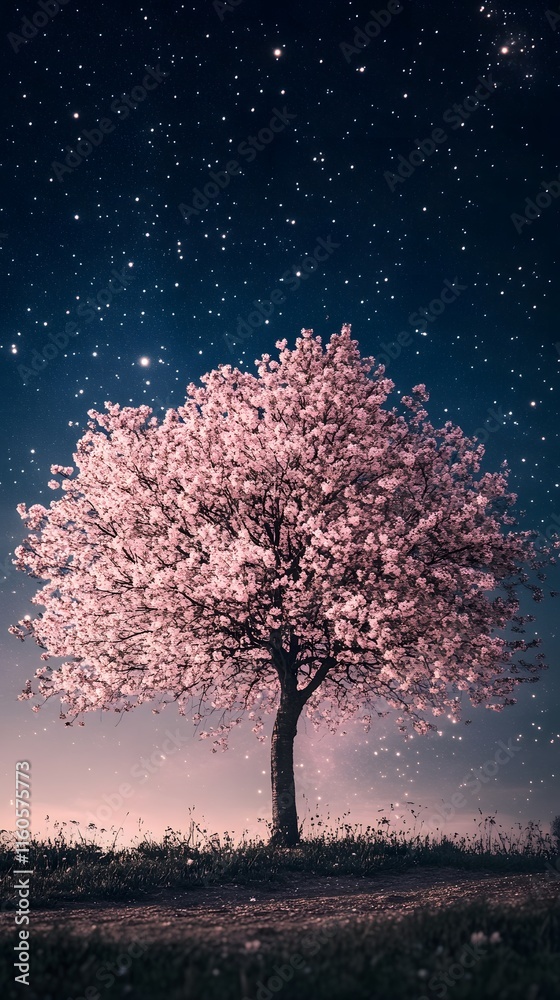 A magnificent and beautiful cherry blossom tree standing alone, with a beautiful view of the stars in the night sky A magnificent and beautiful cherry blossom tree standing alone, with a beautiful view of the stars in the night sky
