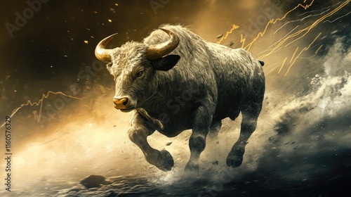 A dramatic image of a bull charging forward, with a stock market chart background, symbolizing a strong, bullish market. photo