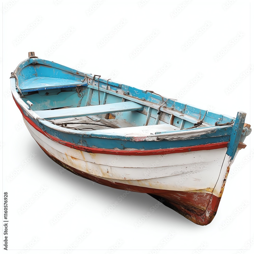 Old wooden fishing boat, white isolate background Old wooden fishing boat, white isolate background