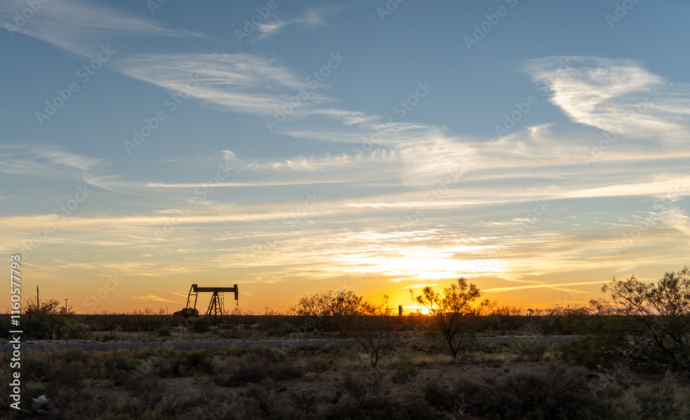 Oil wells in Texas early in the morning with sunrise in background Oil wells in Texas early in the morning with sunrise in background