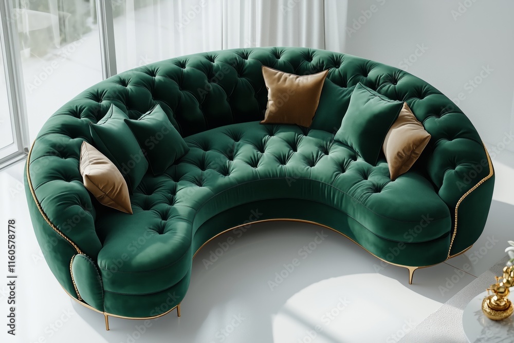 Obraz premium Luxurious Emerald Green Velvet Sofa With Elegant Tufted Design and Gold Accents, Perfect for Contemporary Living Spaces and Interior Decor Inspiration