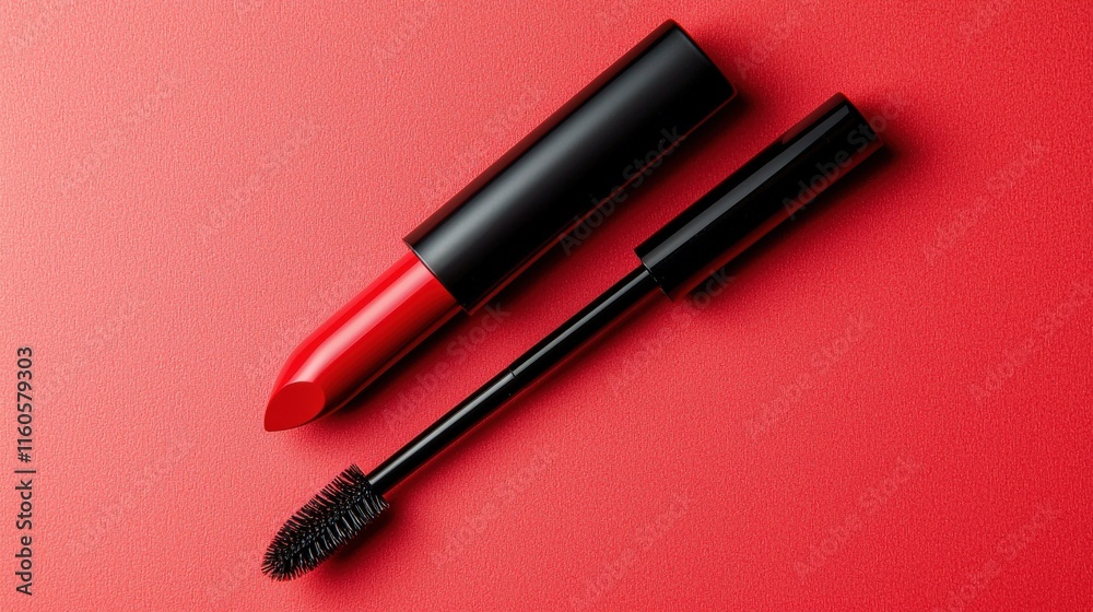 Applying Bold Red Lipstick and Mascara Beauty Setup Makeup Products Indoor Close-Up Aesthetic Appeal Applying Bold Red Lipstick and Mascara Beauty Setup Makeup Products Indoor Close-Up Aesthetic Appeal