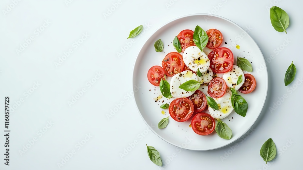 Fresh mozzarella and tomato salad with basil leaves on a white plate. Fresh mozzarella and tomato salad with basil leaves on a white plate.