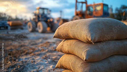 Stacked sandbags near construction site with heavy machinery in background