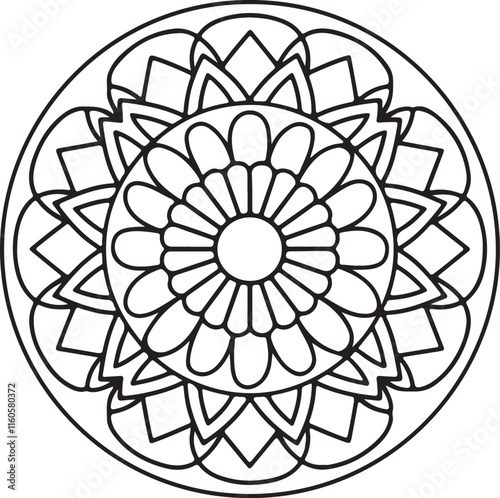 Circle flowers of a mandala with a floral ornament pattern. This is a vector black-and-white mandala design for coloring. It is a beautiful, symmetrical mandala design in black and white.