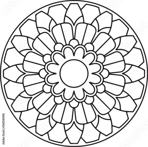 Circle flowers of a mandala with a floral ornament pattern. This is a vector black-and-white mandala design for coloring. It is a beautiful, symmetrical mandala design in black and white.