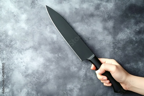 Chef holding a professional matte black knife against a dark gray background, emphasizing a cooking theme with ample copy space for text or branding photo