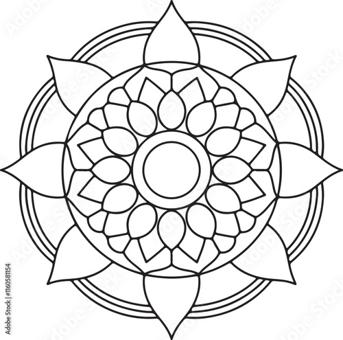 Circle flowers of a mandala with a floral ornament pattern. This is a vector black-and-white mandala design for coloring. It is a beautiful, symmetrical mandala design in black and white.