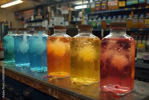 Colorful carbonated beverages displayed in jars at a vibrant market stall during a sunny afternoon photo