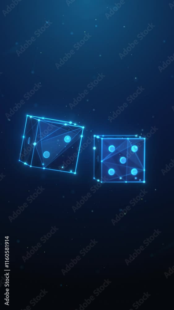 Abstract animation of two low poly spinning game dices. Online casino gambling and board game concept by wireframe mesh. Rolling d6 game cubes vertical looped motion graphic on blue background