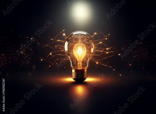 Glowing lightbulb, illuminated from within, emits energy sparks, representing innovation and bright ideas.  A symbol of creativity and brilliance. photo