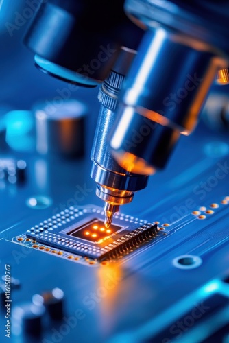 Close-up of a semiconductor chip under a microscope showcasing intricate circuits and technology details.