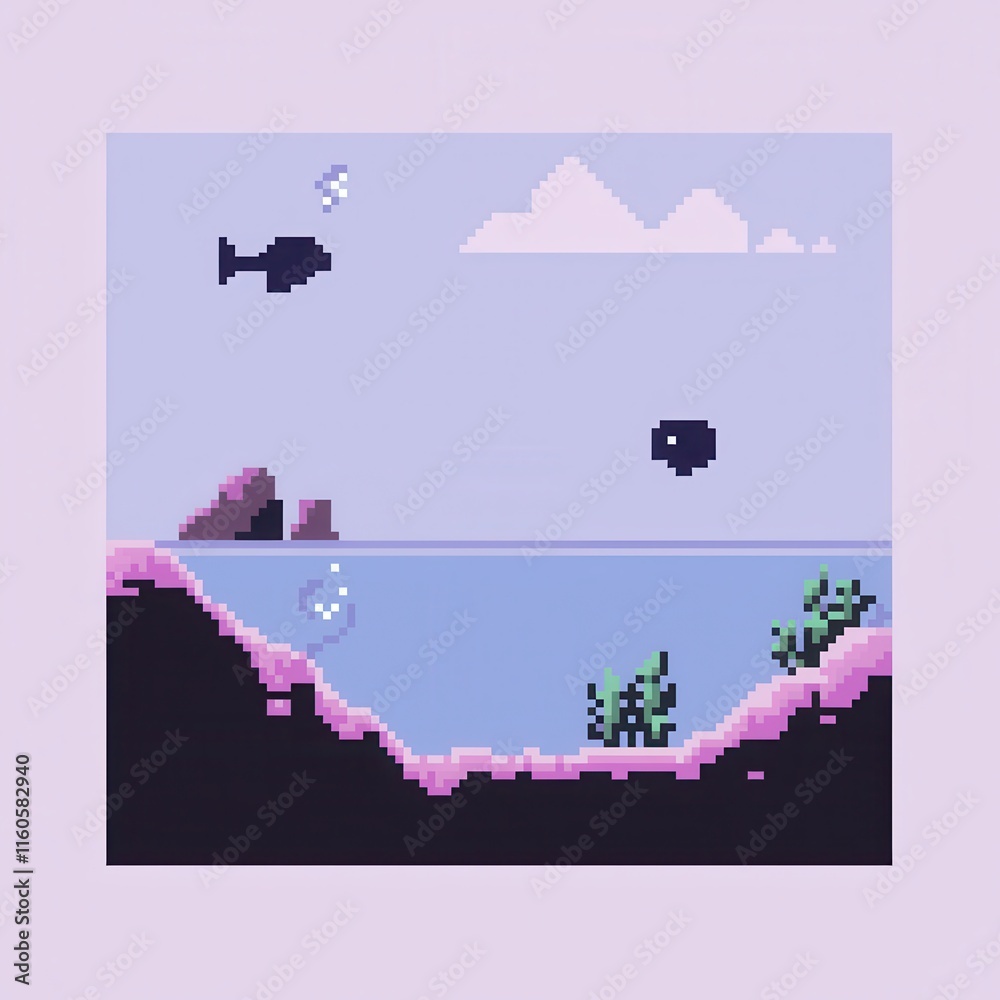 Obraz premium 20241228122317list 80 An intricate 8-bit pixel art of a glowing pixelated underwater scene with pixelated fish, glowing coral, and sparkling bubbles, set on a pastel aqua and blue background