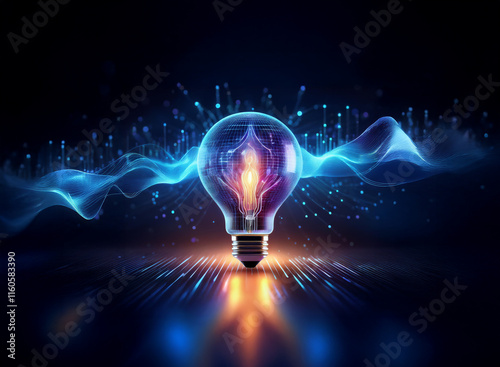 A glowing lightbulb, emanating energy and surrounded by dynamic light waves, symbolizes innovation, creativity, and bright ideas.  The image evokes a sense of futuristic technology and progress.