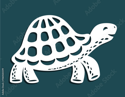 Cute cartoon turtle is walking. Side view. Smiling sea animal with a shell on four legs. Template for plotter laser cutting of paper, fretwork, wood carving, metal engraving, cnc. Vector illustration.