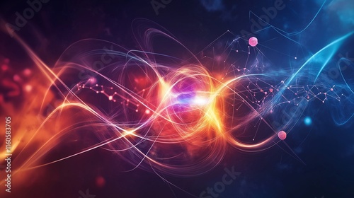 dynamic fusion of swirling energy waves and molecular structures, symbolizing breakthroughs in quantum physics, rendered in bold, electric colors