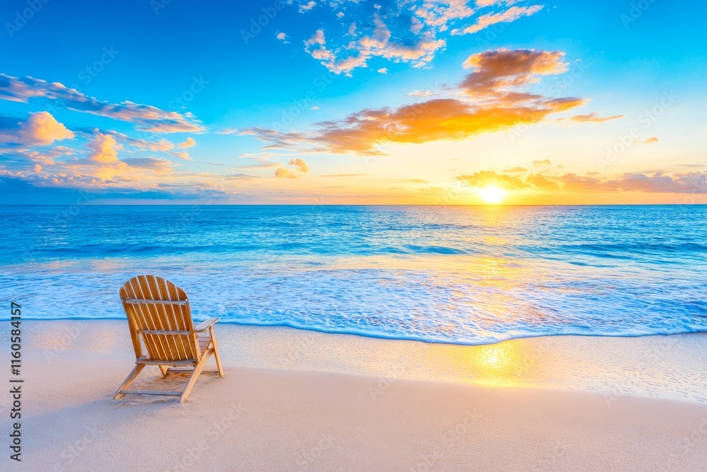 A traveler sitting alone on a beach chair, gazing at the ocean waves during a serene sunset, enjoying a solo holiday. Generative AI A traveler sitting alone on a beach chair, gazing at the ocean waves during a serene sunset, enjoying a solo holiday. Generative AI