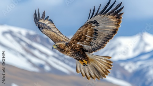 Majestic golden eagle soaring above snow-capped mountain range.