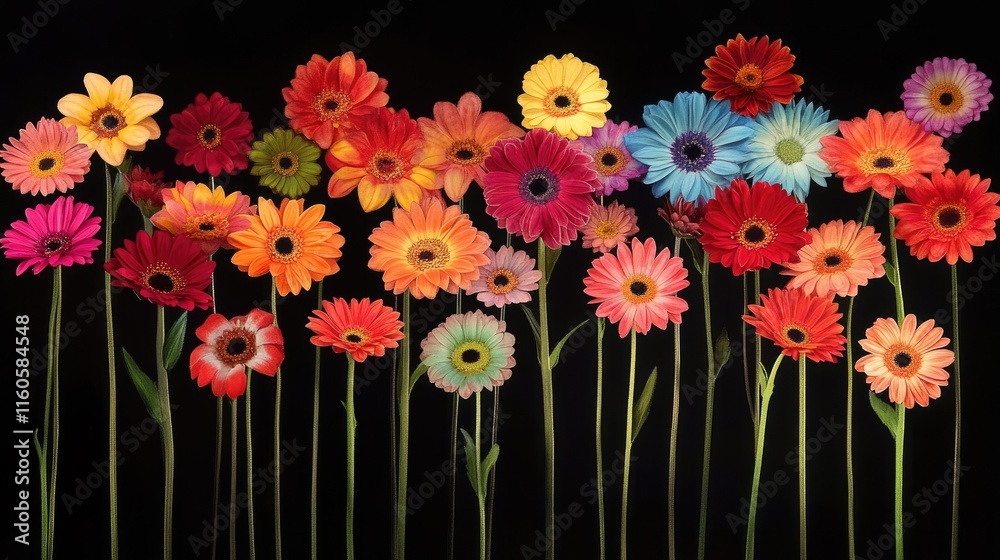Obraz premium A striking arrangement of colorful gerbera daisies in front of a black background, making the vibrant petals stand out vividly.