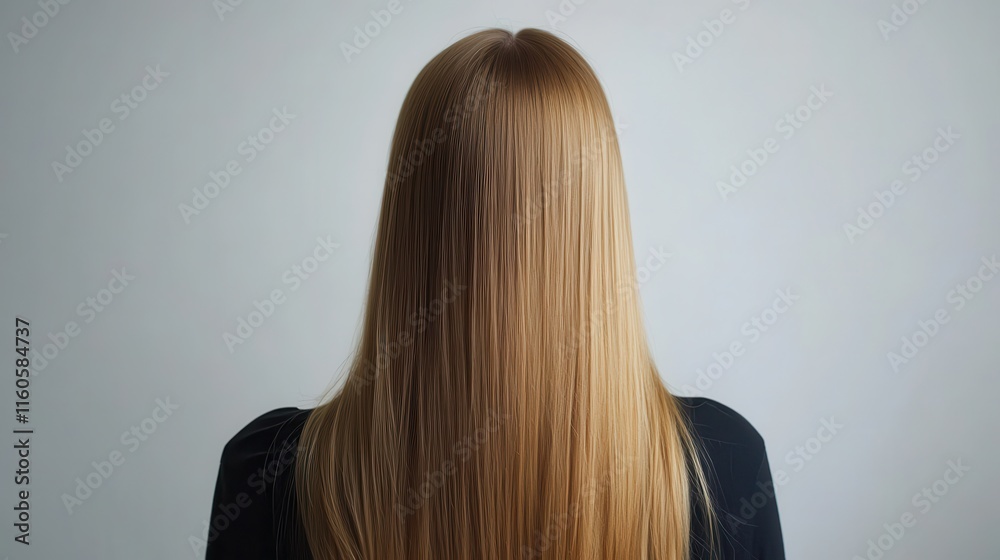 Naklejka premium Beautiful model girl with Blond hair strand,silky healthy wavy hair strand,hair wavy ribbon, with smooth,Keratin straightening,Treatment,straight long hair,procedures,Smooth hairstyle.