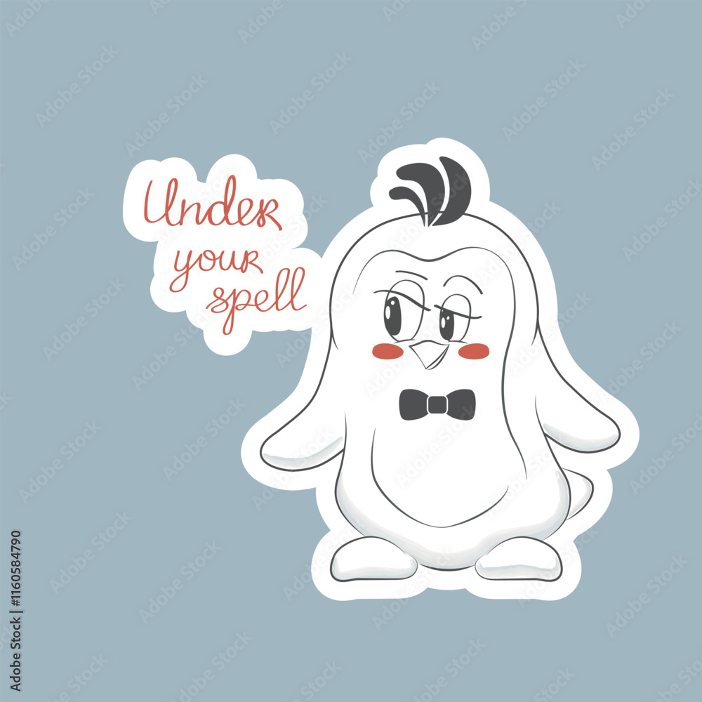 Vector sticker of adorable bird with a bow tie and Under your spell lettering. Printable design. Flat vector illustration. Funny sticker on Valentine's day. Love vibes card for loved one Vector sticker of adorable bird with a bow tie and Under your spell lettering. Printable design. Flat vector illustration. Funny sticker on Valentine's day. Love vibes card for loved one