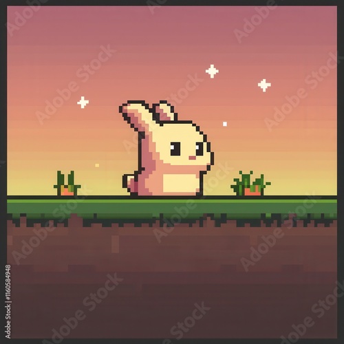 A delightful 8-bit pixel art of a glowing pixelated rabbit hopping through a pixelated garden with glowing carrots and tiny sparkling stars, set on a pastel pink and green background for a cute 