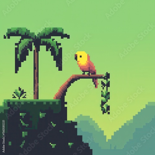 A detailed 8-bit pixel art of a glowing pixelated parrot perched on a glowing tropical branch, surrounded by pixelated bananas and sparkling vines, set on a pastel green and orange background  photo