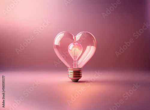 A glowing heart-shaped light bulb, symbolizing love and ideas, sits on a soft pink surface.  The warm light casts a gentle glow.