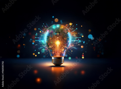 A glowing lightbulb, filled with vibrant circuitry and bursting with colorful energy, symbolizes innovation and technological advancement.  The dark background emphasizes its brilliance. photo