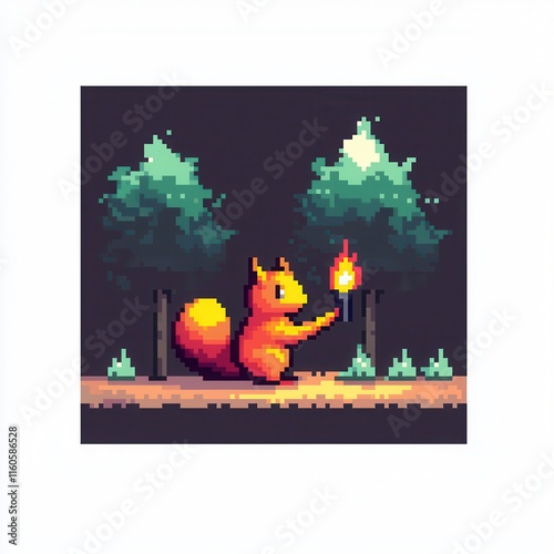 A playful 8-bit pixel art of a glowing pixelated squirrel holding a glowing acorn, surrounded by pixelated leaves and sparkling trees, set on a pastel orange and brown background for a lively  photo