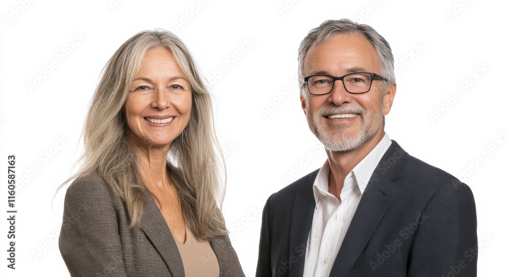 Duo business partnerships man and woman standing together in front of plain white background, pose confidently, symbolizing power of partnership and mutual respect. Duo business partnerships man and woman standing together in front of plain white background, pose confidently, symbolizing power of partnership and mutual respect.